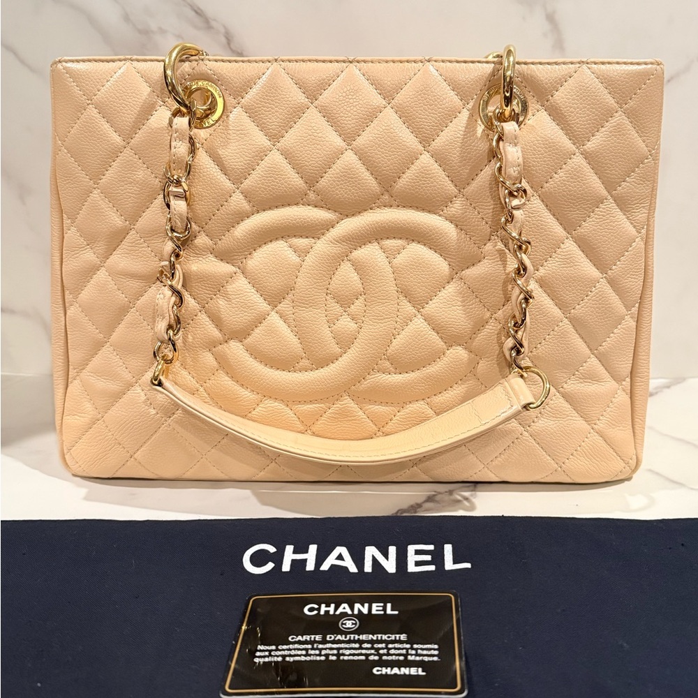 CHANEL Quilted Double C Tote in Beige with Gold Hardware